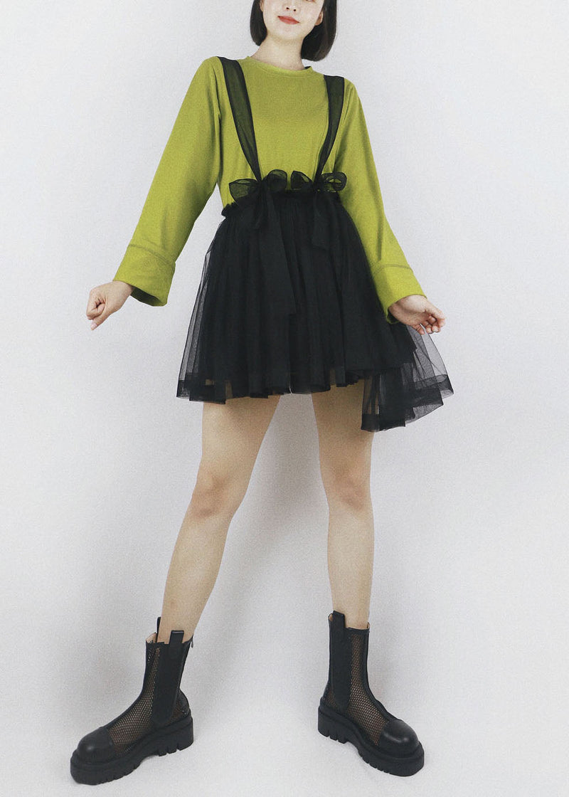 Black Tulle Strap Short Dress Color Elastic Waist Summer
