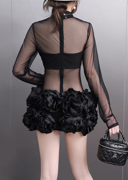 Black Turtleneck Tulle Mid Dress Long Sleeve