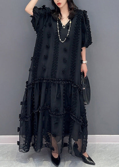 Black V Neck Tulle Maxi Dresses Short Sleeve