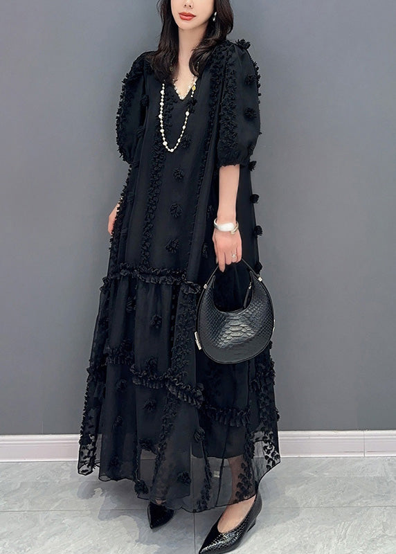 Black V Neck Tulle Maxi Dresses Short Sleeve
