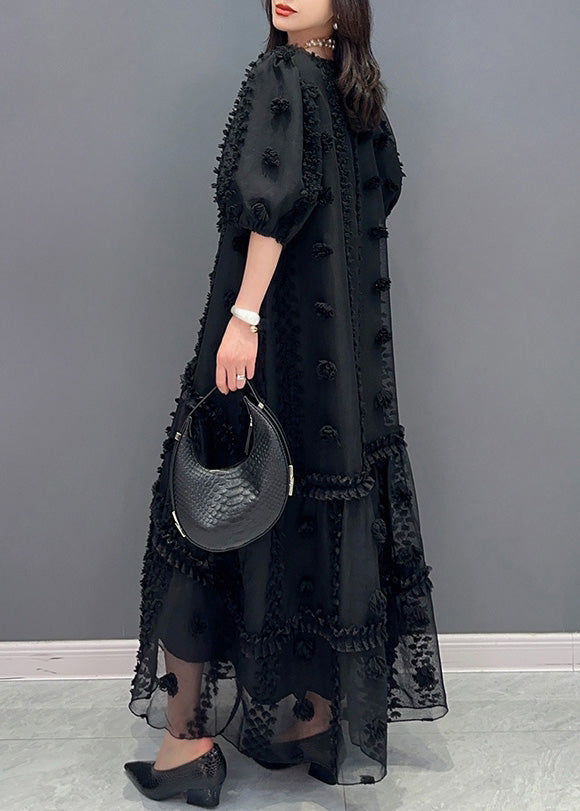 Black V Neck Tulle Maxi Dresses Short Sleeve