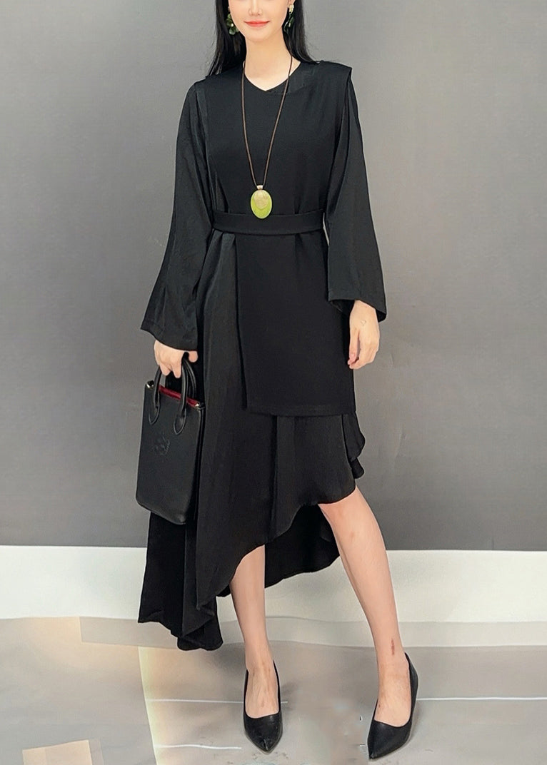 Black Waistcoat and Dresses Cotton Fall Two-piece Set O Neck