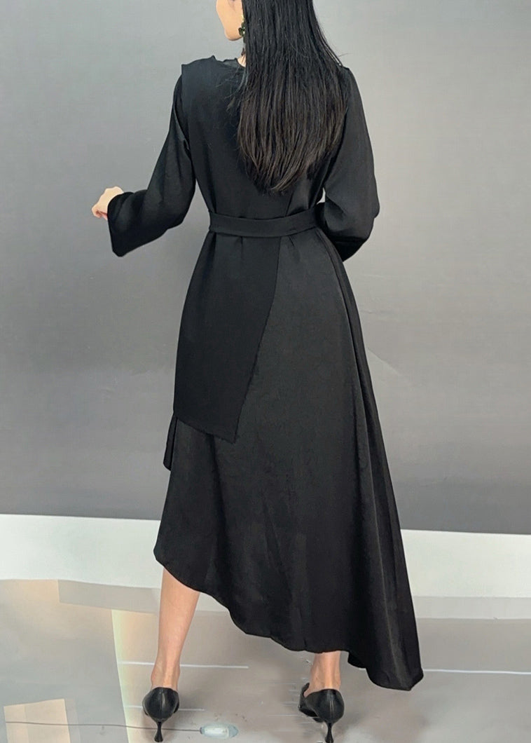 Black Waistcoat and Dresses Cotton Fall Two-piece Set O Neck
