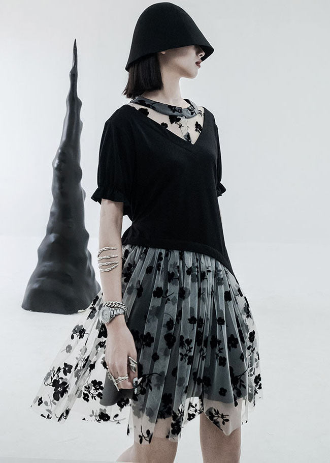 Black White Tulle Patchwork Cotton Dresses Print Short Sleeve