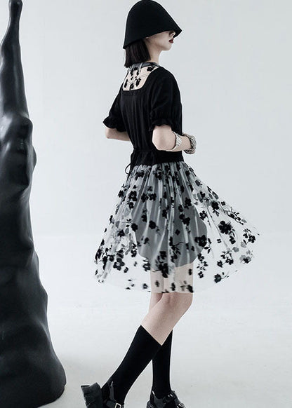 Black White Tulle Patchwork Cotton Dresses Print Short Sleeve
