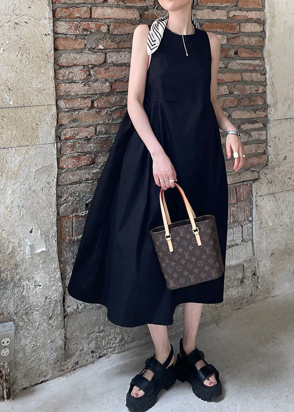 Black Wrinkled Patchwork Cotton a Line Dress O Neck Sleeveless