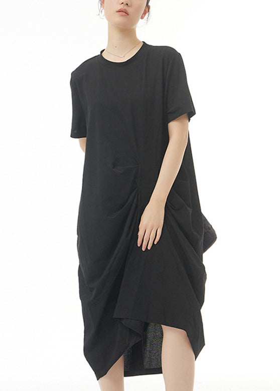 Black Wrinkled Cotton Long Dress Short Sleeve