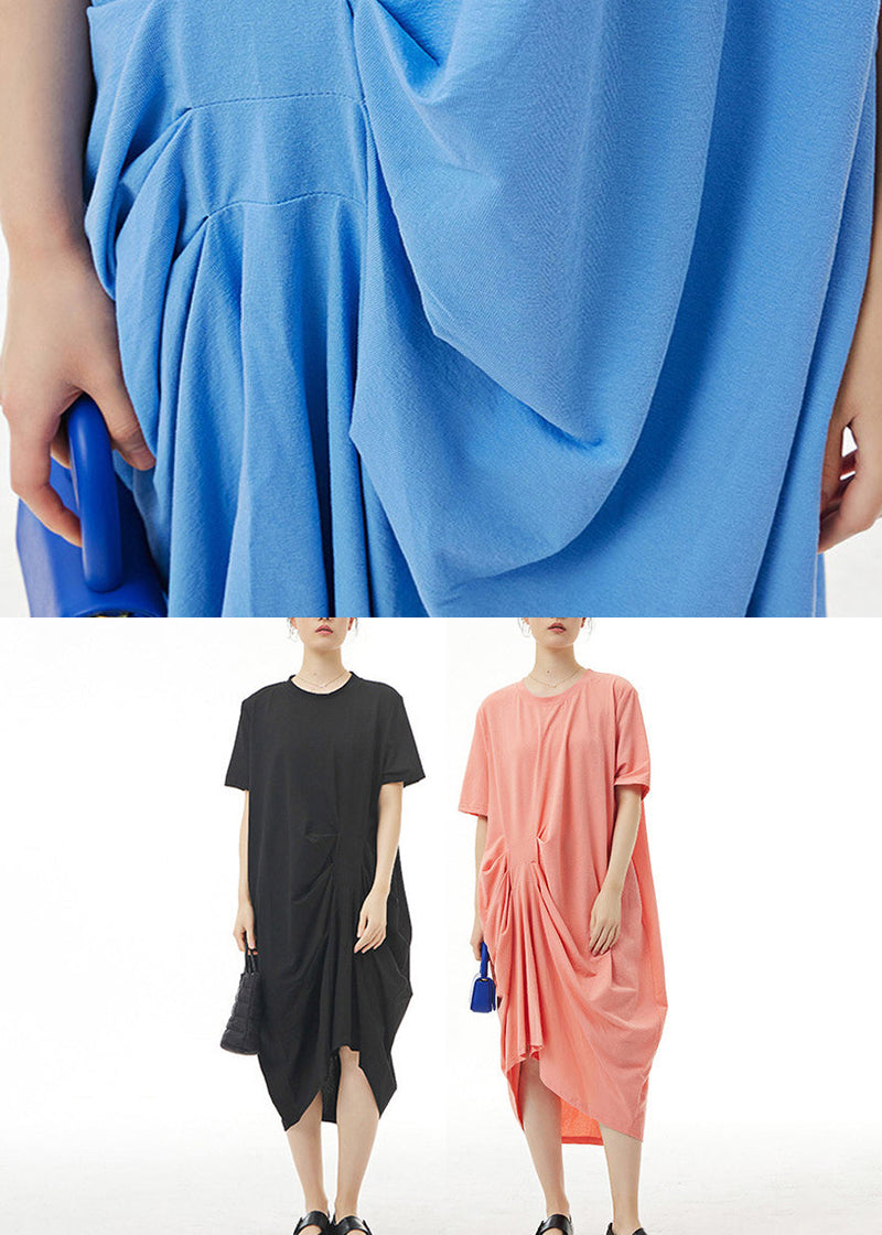 Black Wrinkled Cotton Long Dress Short Sleeve