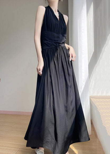 Black Wrinkled Cotton Maxi Dresses V Neck Summer