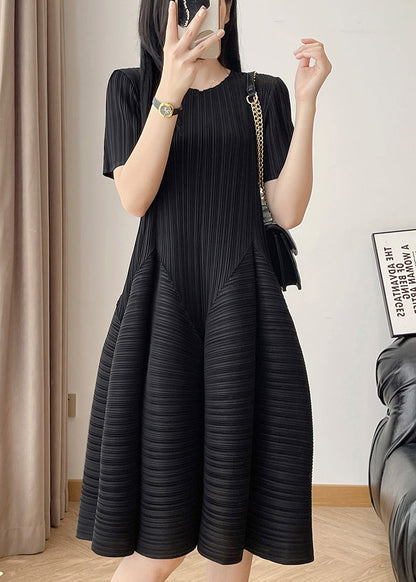 Black Wrinkled Cotton Summer Dress O Neck