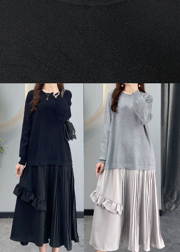 Black Wrinkled Patchwork Knit Vacation Dresses Winter