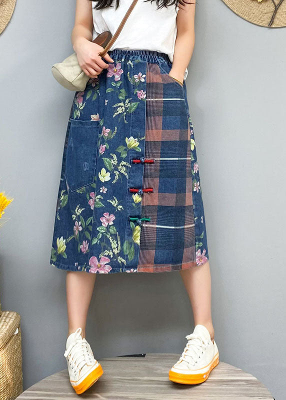 Blue Button Print Patchwork Denim Skirt Spring