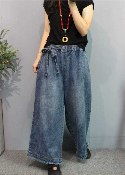 Blue Retro Pockets Tie Waist Fall Wide Leg Denim Pants