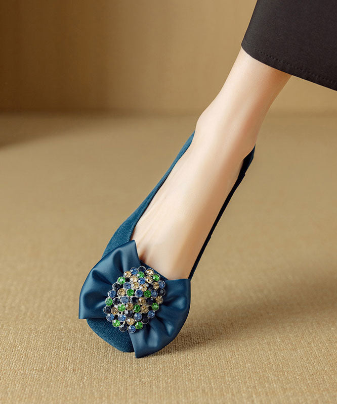 Blue Chunky Heel Shoes Suede Splicing Bow Zircon