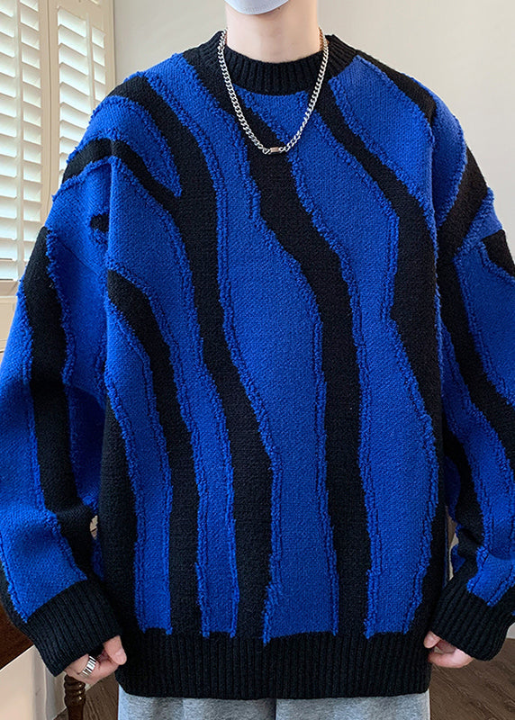 Blue Cozy Patchwork Knit Sweaters Pullover O Neck Winter