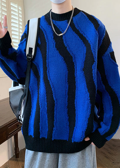 Blue Cozy Patchwork Knit Sweaters Pullover O Neck Winter