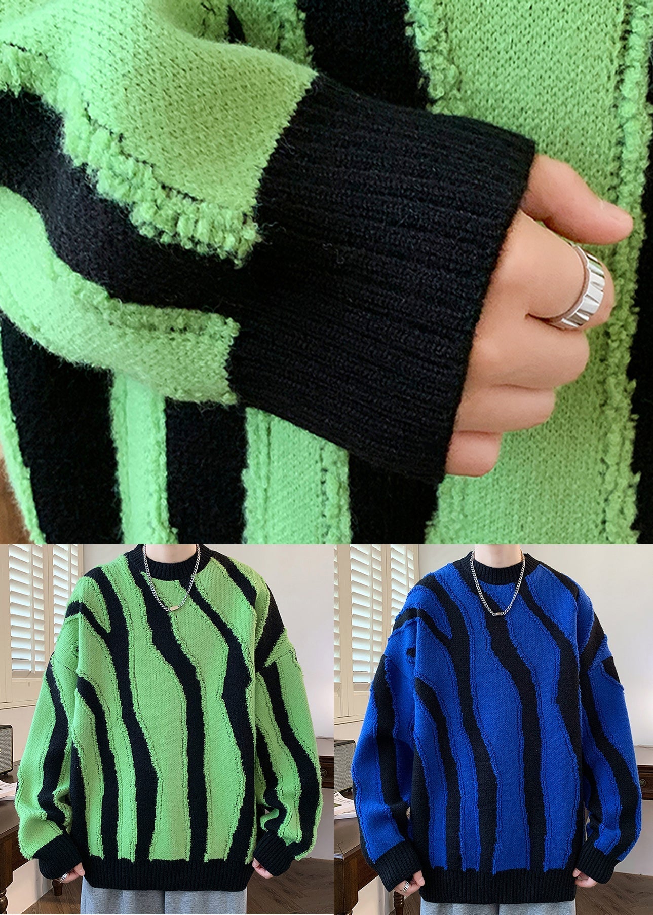 Blue Cozy Patchwork Knit Sweaters Pullover O Neck Winter