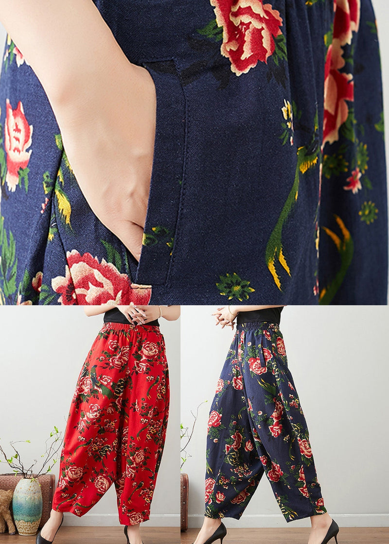 Blue Elastic Waist Lantern Pants Summer