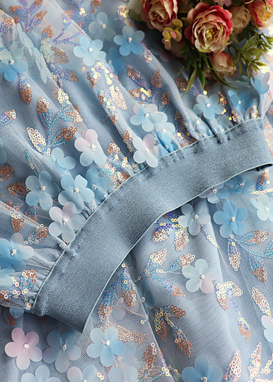 Blue Embroideried Elastic Waist Tulle Maxi Skirt Spring