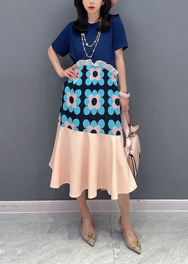 Blue Patchwork Cotton Dresses O-neck Ruffled Summer