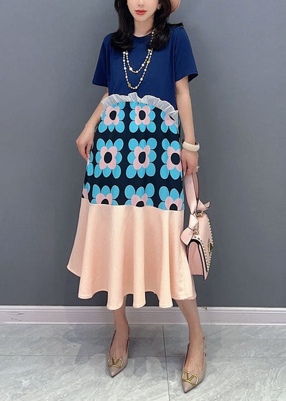 Blue Patchwork Cotton Dresses O-neck Ruffled Summer