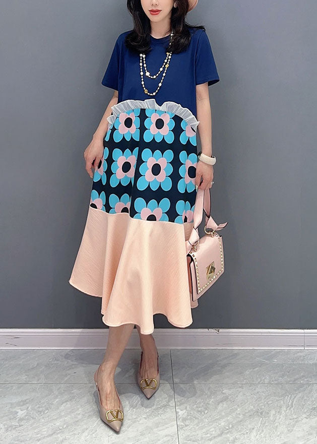 Blue Patchwork Cotton Dresses O-neck Ruffled Summer