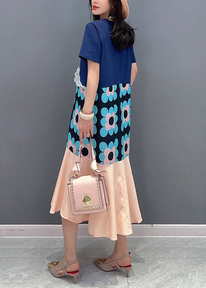 Blue Patchwork Cotton Dresses O-neck Ruffled Summer