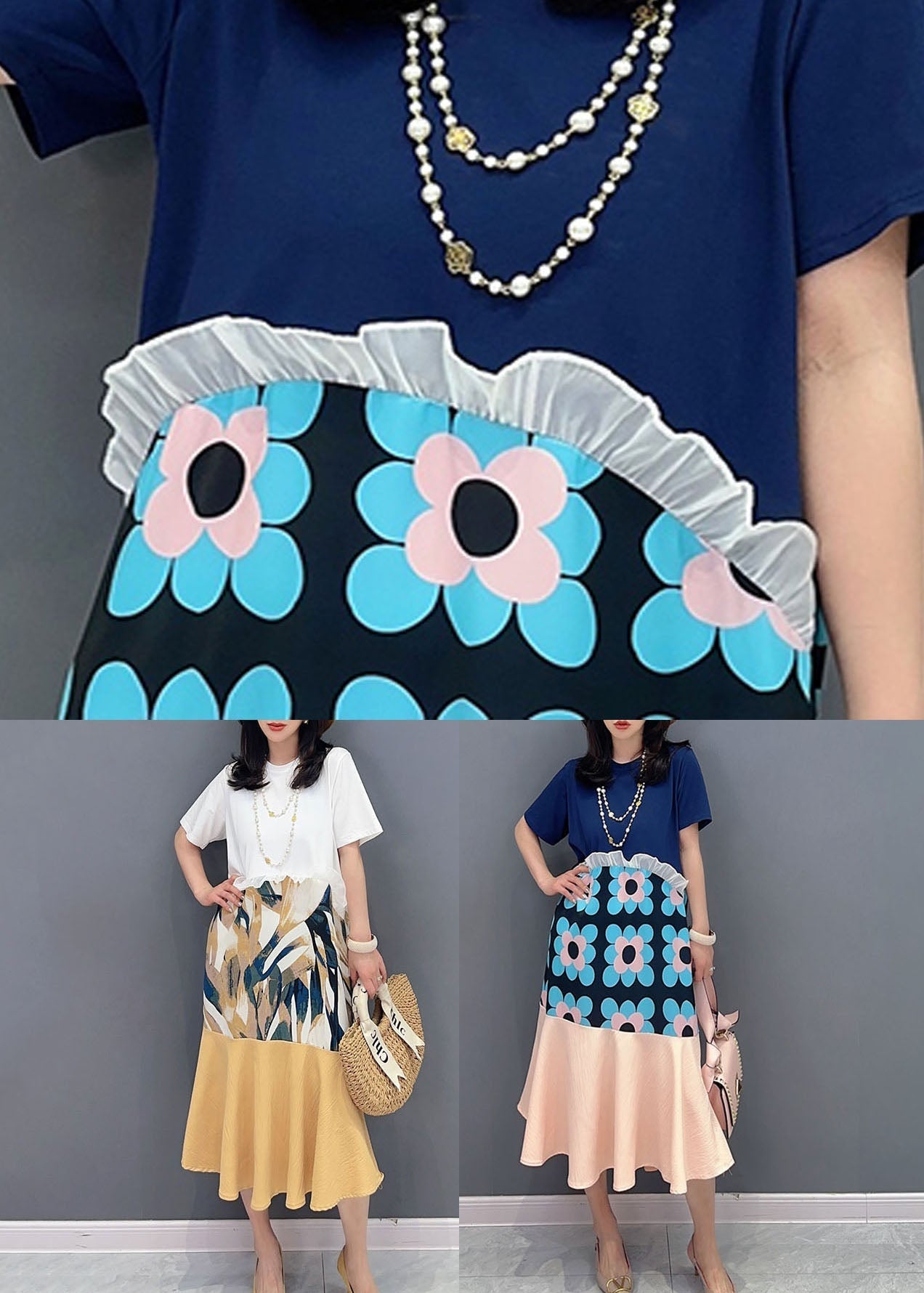 Blue Patchwork Cotton Dresses O-neck Ruffled Summer