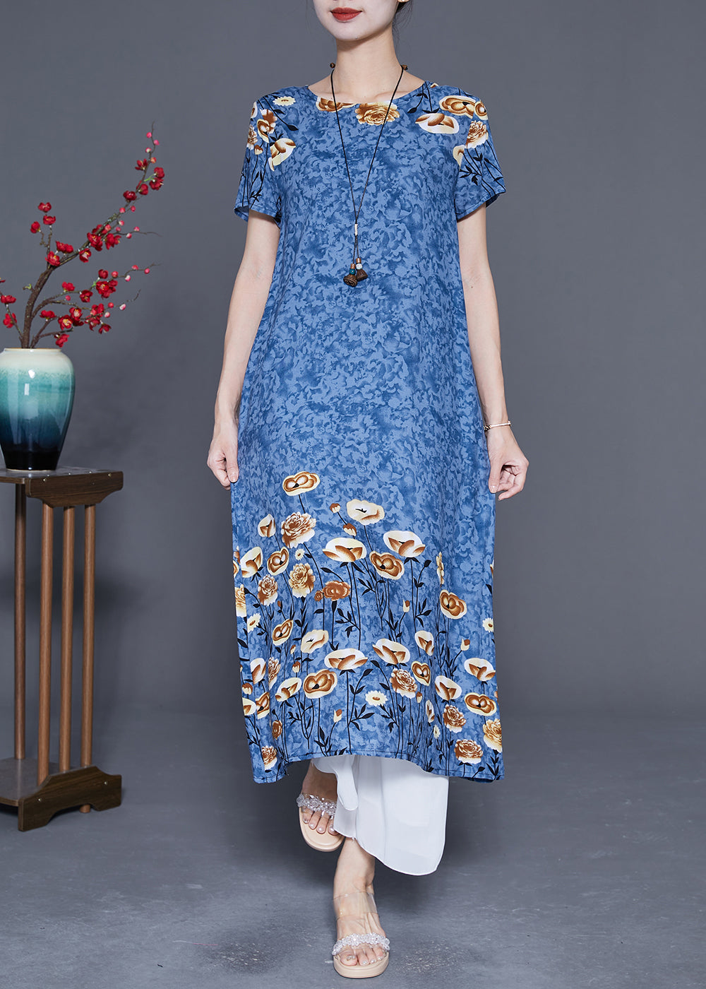 Blue Grey Print Cotton Long Dresses O-neck Oversized Summer