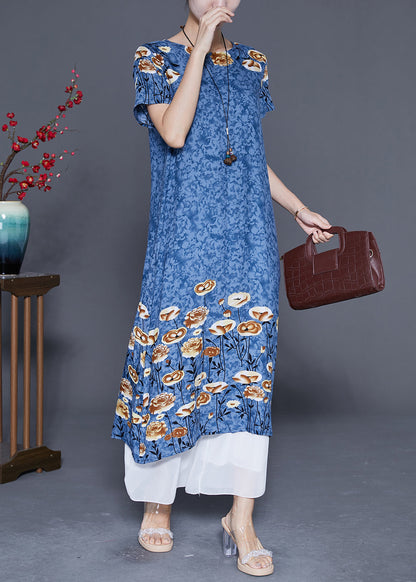 Blue Grey Print Cotton Long Dresses O-neck Oversized Summer