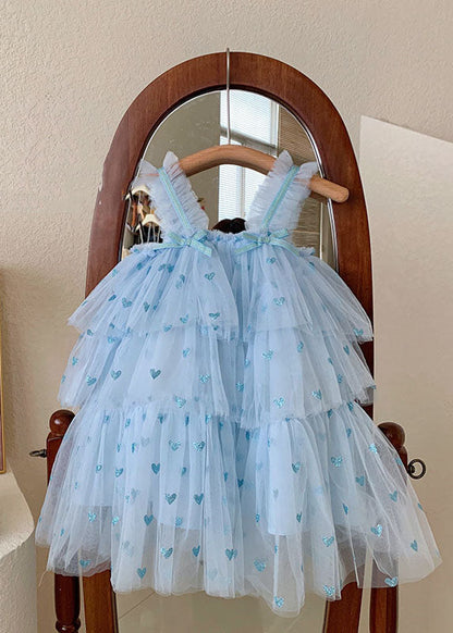 Blue Heart Patchwork Tulle Baby Dresses Bow Wrinkled Sleeveless
