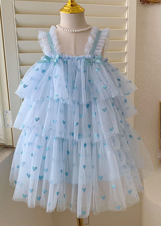 Blue Heart Patchwork Tulle Baby Dresses Bow Wrinkled Sleeveless