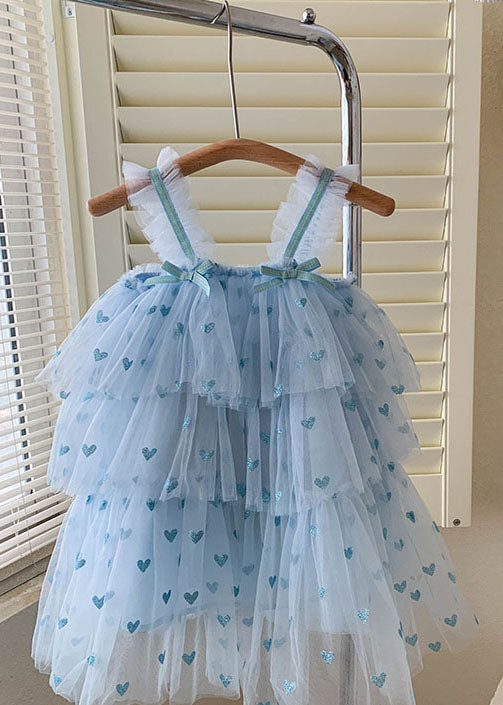 Blue Heart Patchwork Tulle Baby Dresses Bow Wrinkled Sleeveless