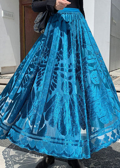 Blue Jacquard Velour Pleated Skirt Winter