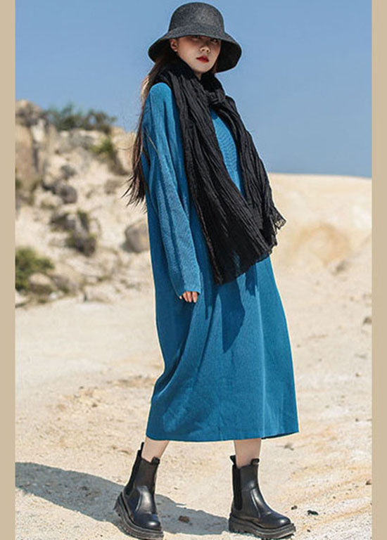 Blue Loose Knit Long Dress V Neck Spring