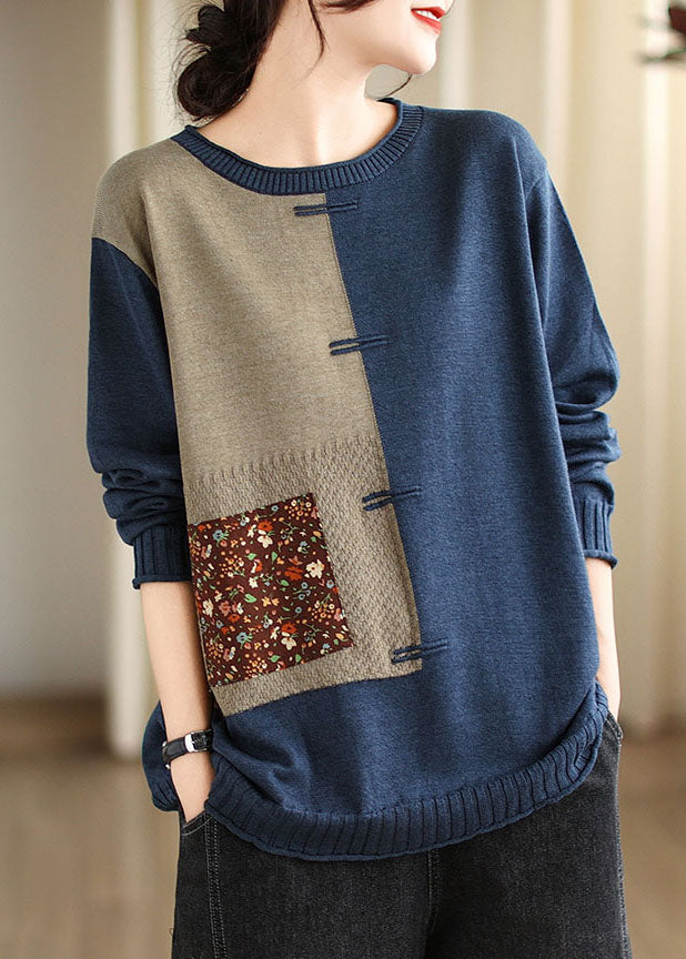 Blue O-neck Button Cozy Cotton Knit Sweater Long Sleeve