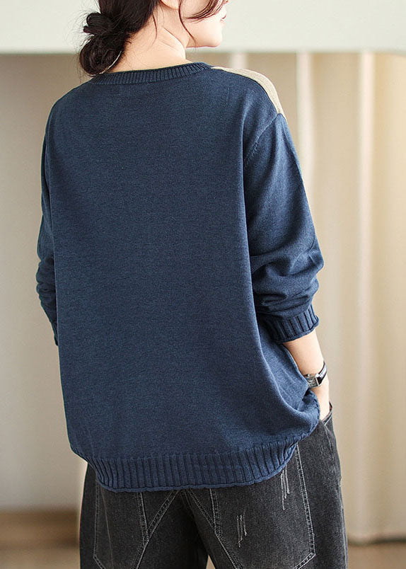 Blue O-neck Button Cozy Cotton Knit Sweater Long Sleeve
