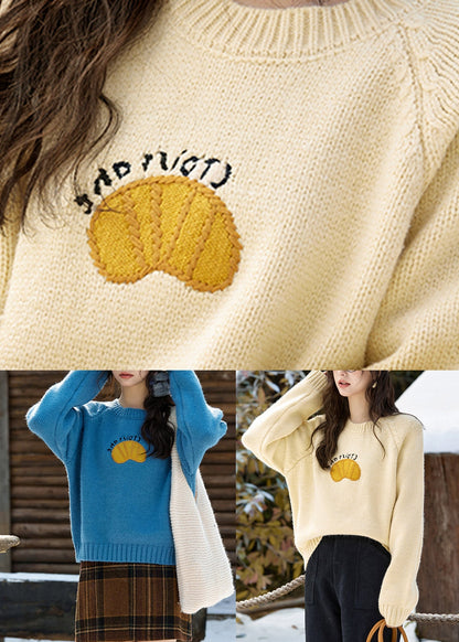 Blue O-neck Patchwork Cozy Cotton Knit Sweater Spring