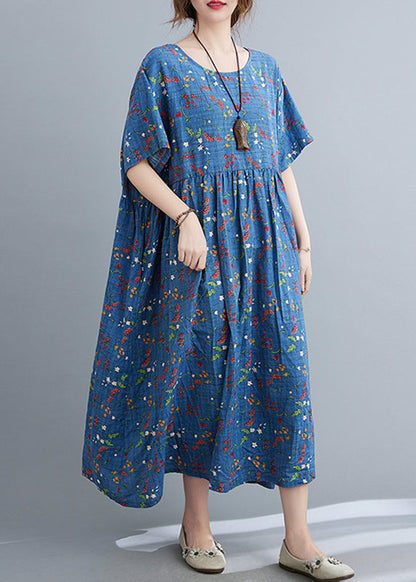 Blue O-neck Patchwork Maxi Dress Short Sleeve