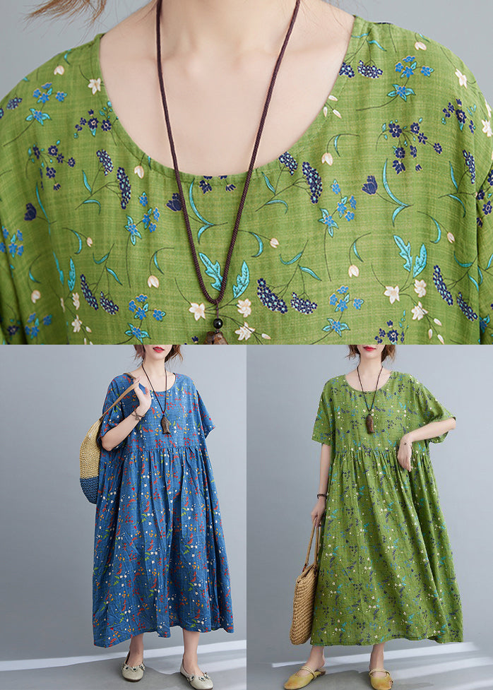 Blue O-neck Patchwork Maxi Dress Short Sleeve