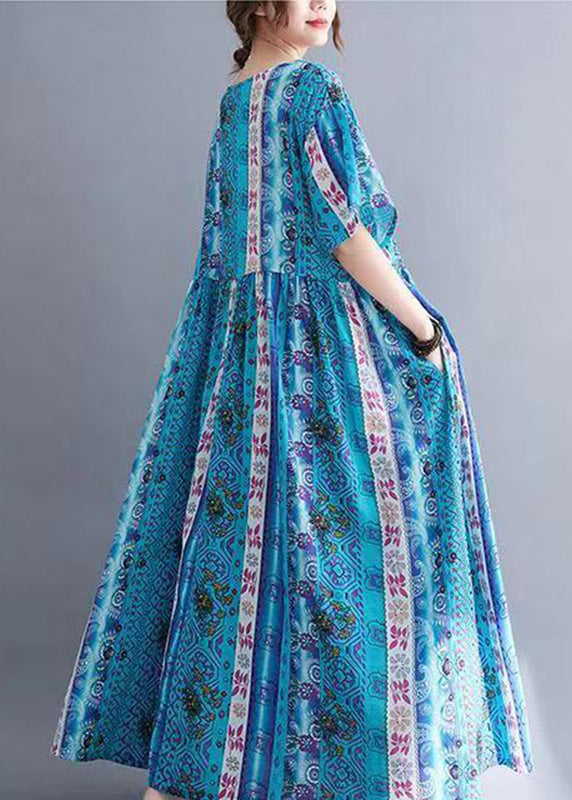 Blue O-neck Patchwork Maxi Dresses Summer