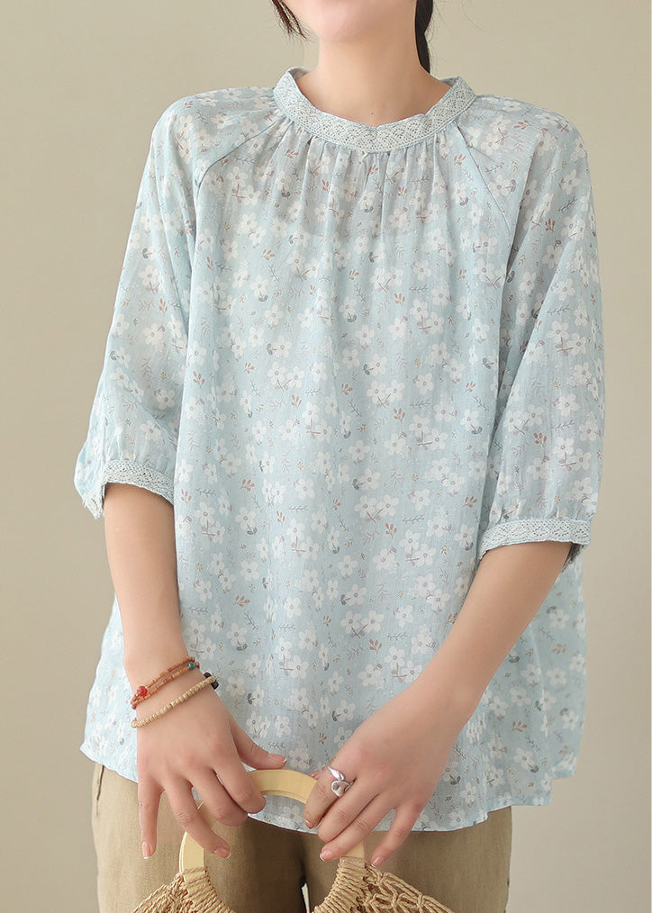 Blue O-neck Patchwork Ramie Shirts Half Sleeve