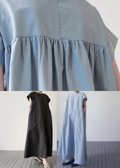 Blue O-neck Patchwork Maxi Dress Short Sleeve