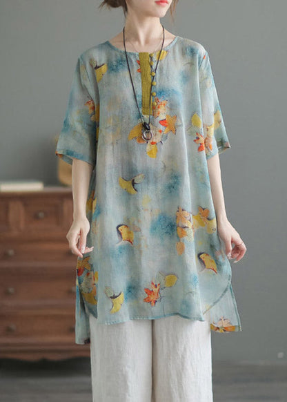 Blue O-neck Print Low High Design Linen Shirts Half Sleeve