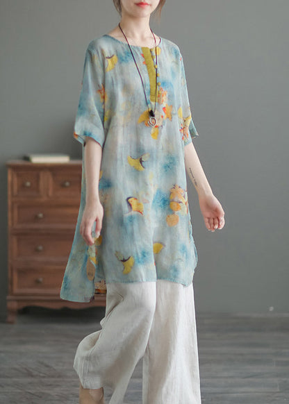 Blue O-neck Print Low High Design Linen Shirts Half Sleeve