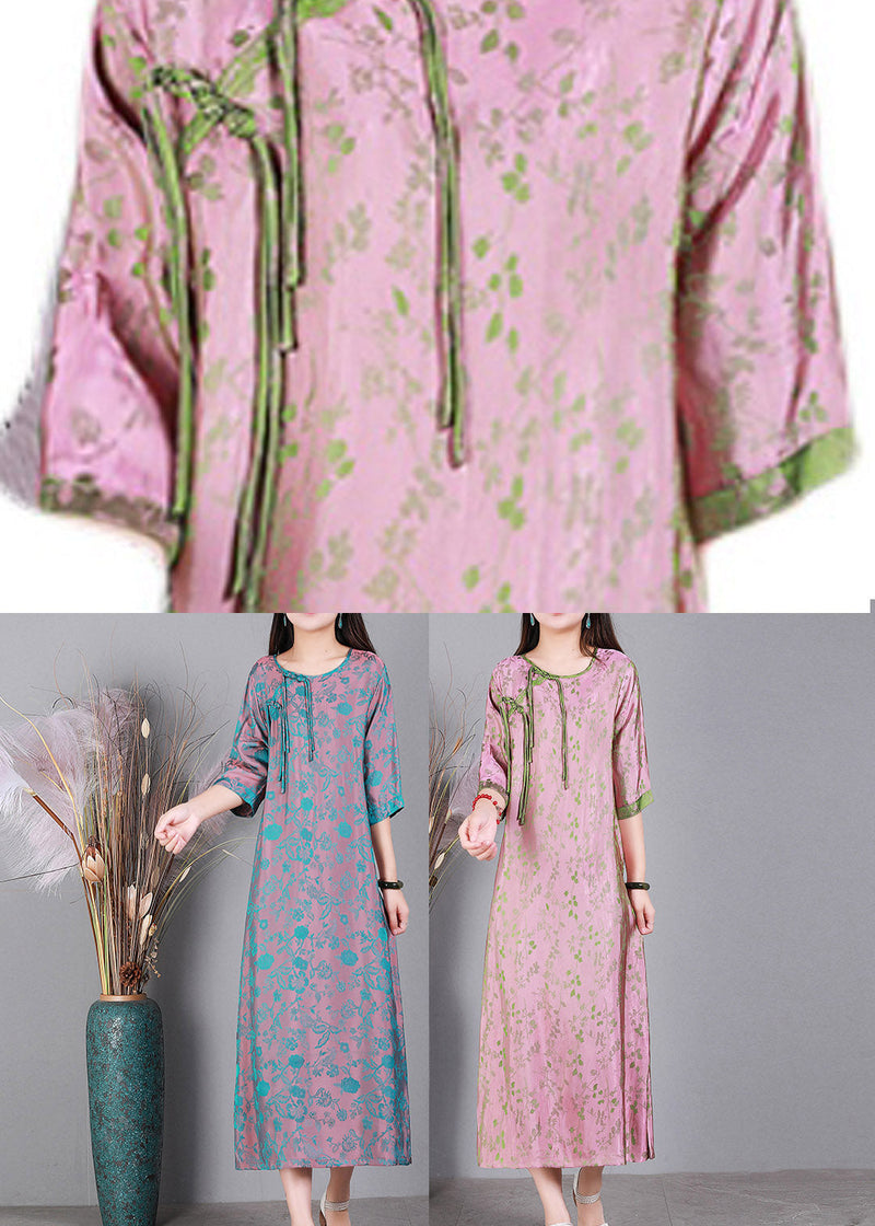 Blue O-neck Print Side Open Silk Dress Half Sleeve
