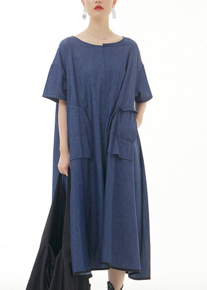 Blue O-neck Cotton Maxi Dress Short Sleeve