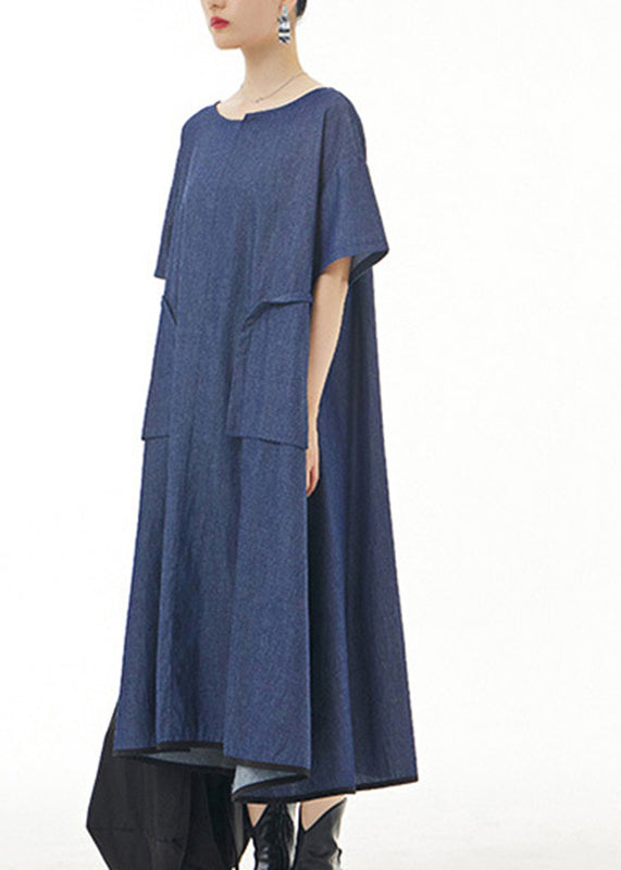 Blue O-neck Cotton Maxi Dress Short Sleeve
