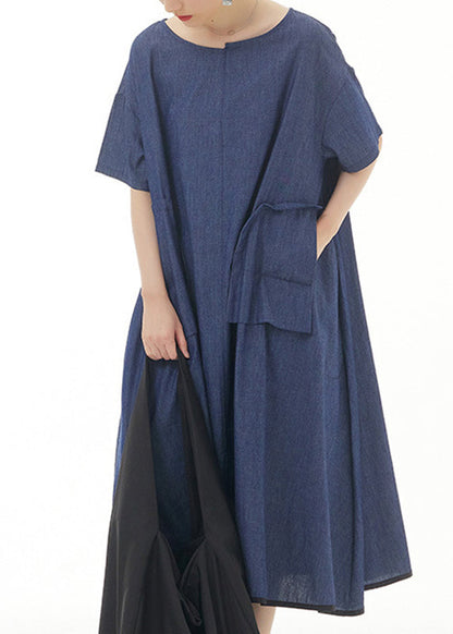 Blue O-neck Cotton Maxi Dress Short Sleeve
