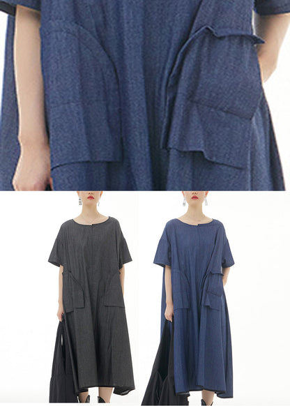 Blue O-neck Cotton Maxi Dress Short Sleeve